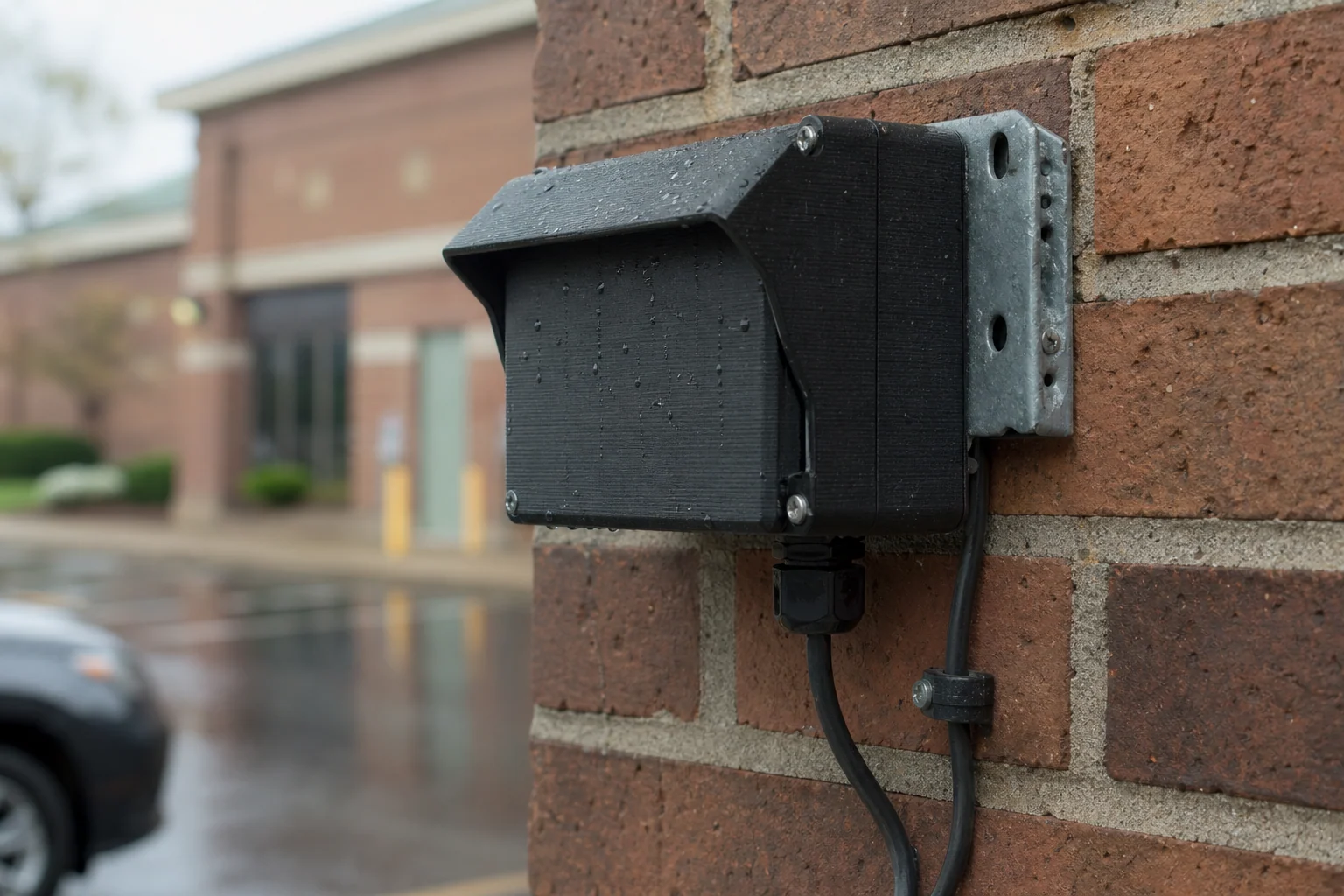 Black ASA sensor enclosure mounted to a brick wall after light rain