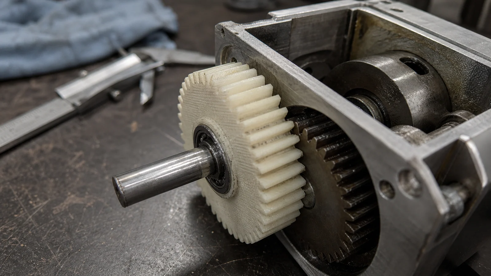 Natural nylon gear installed in a used metal drive mechanism on a workshop bench