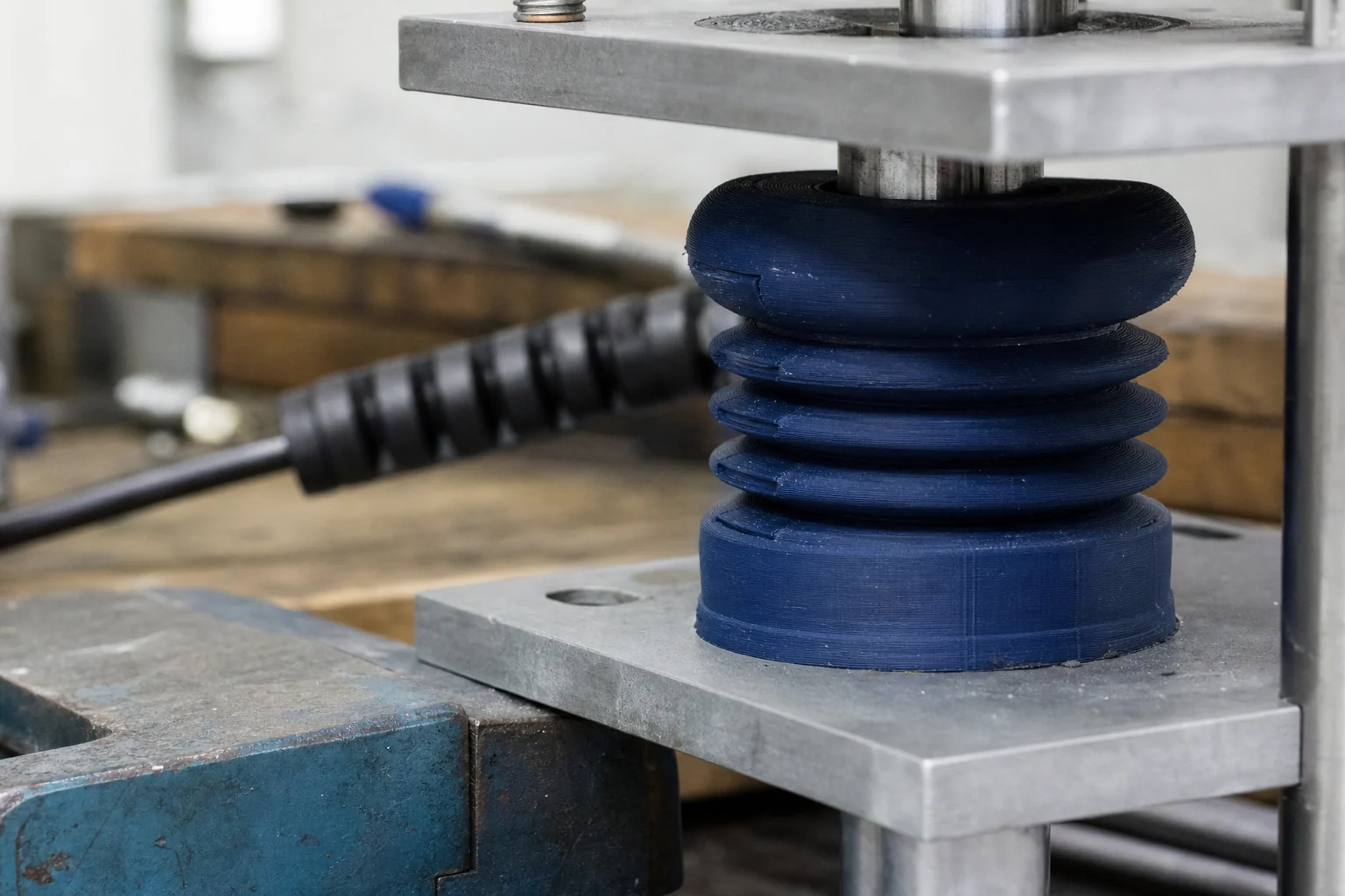 Dark blue TPU bellows compressed in a mechanical test fixture