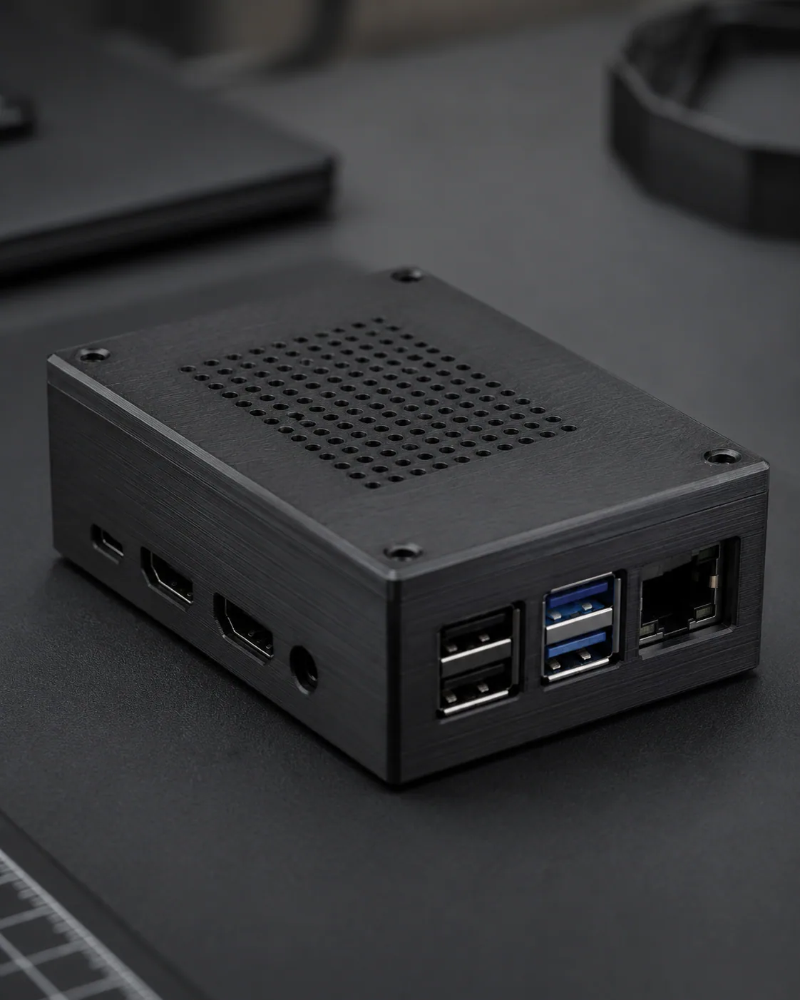 Black 3D printed electronics enclosure with ventilation and connector openings